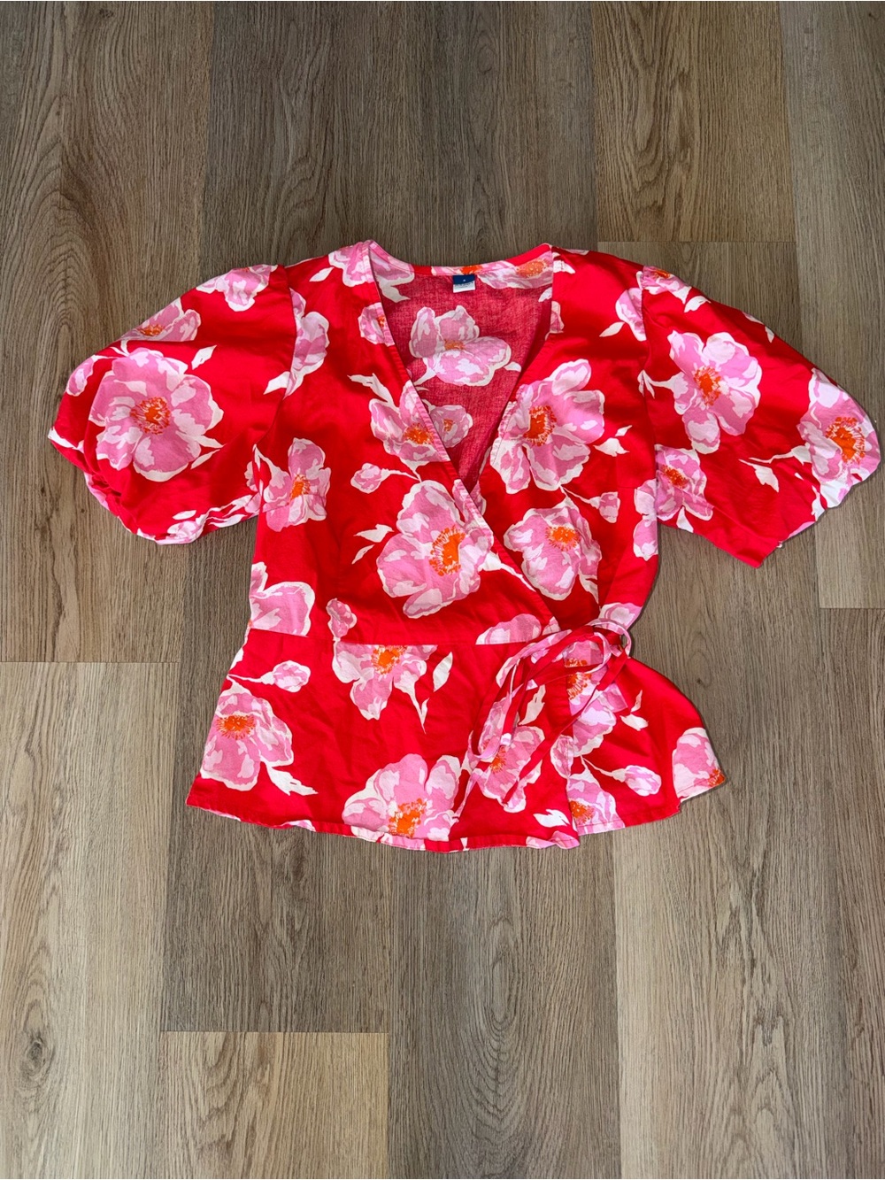Old Navy Red Floral Wrap Blouse with Pink Blooms